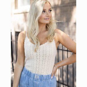 NEW Skies Are Blue - Size Large Women's Pointelle Scallop Tank - Cream Biscuit